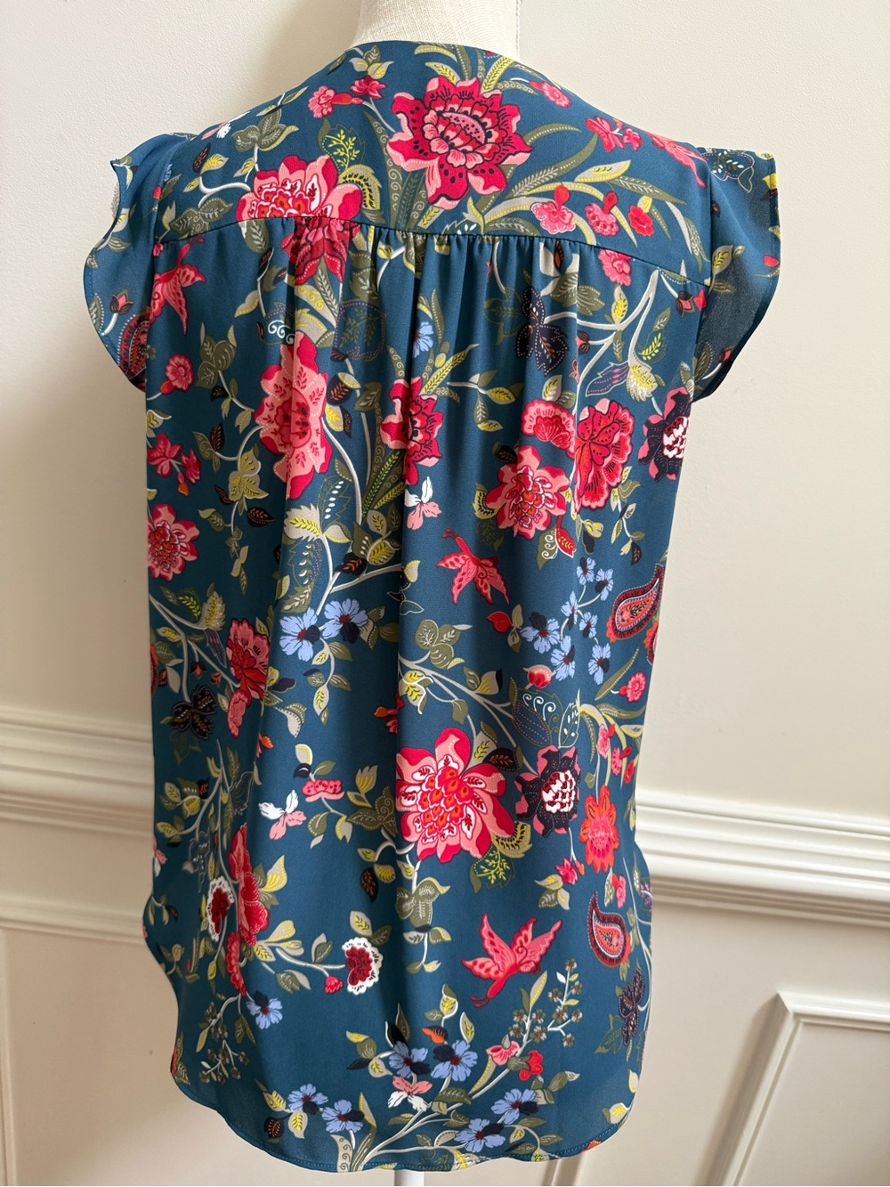 LOFT Teal Floral V-Neck Blouse - Picture 7 of 8